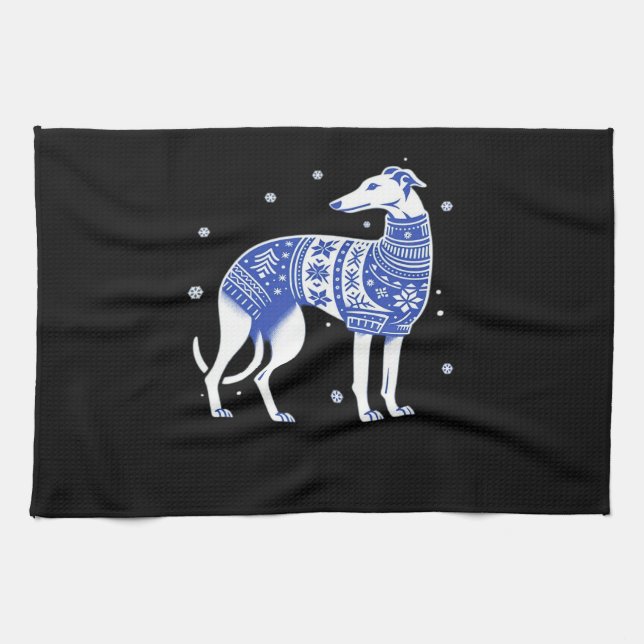 Christmas Greyhound Dog Wearing an Ugly Sweater Bl Kitchen Towel (Horizontal)