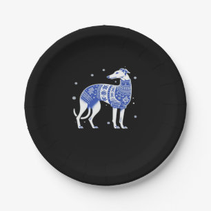 Christmas Greyhound Dog Wearing an Ugly Sweater Bl Paper Plate
