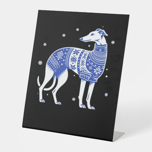 Christmas Greyhound Dog Wearing an Ugly Sweater Bl Pedestal Sign (Front)