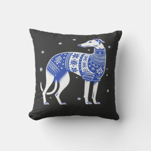 Christmas Greyhound Dog Wearing an Ugly Sweater Bl Throw Pillow