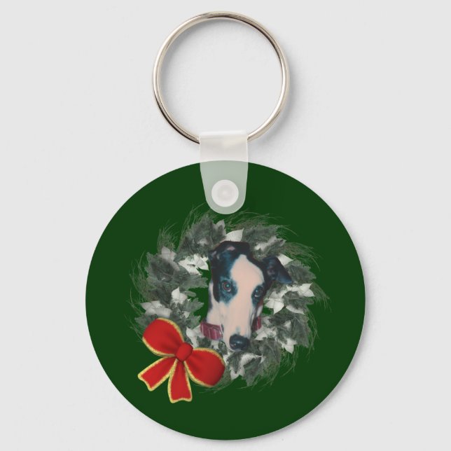 Christmas Greyhound Wreath Holiday Keychain (Front)