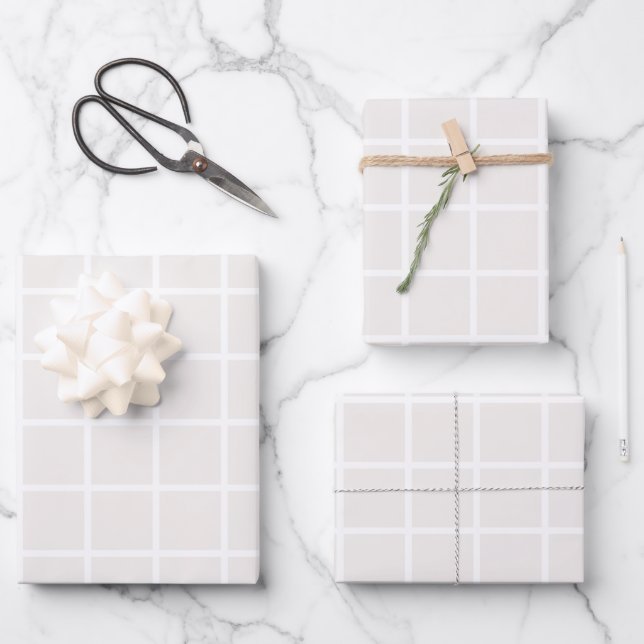 Christmas Grid Pattern Pale Beige And White Plaid Wrapping Paper Sheet (Front)