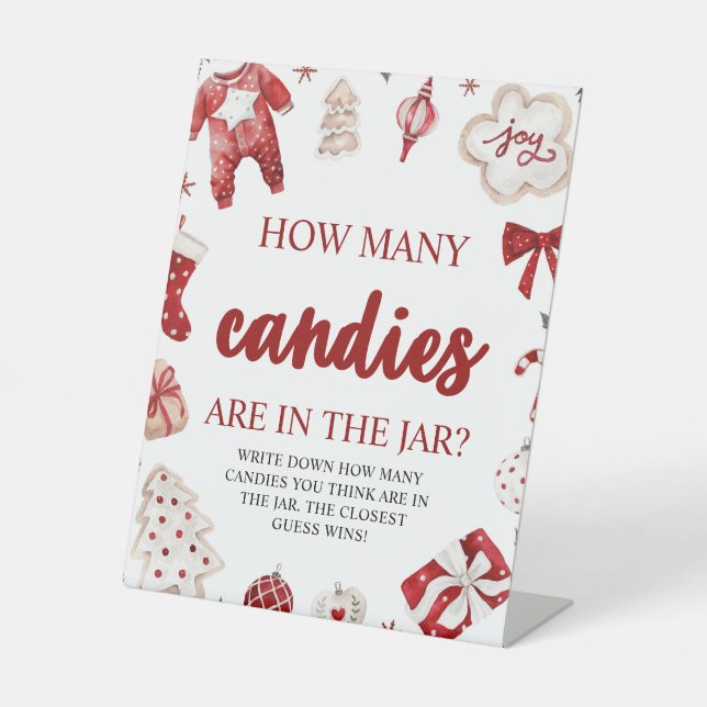 Christmas Guess How Many Candies Baby Shower Game Pedestal Sign (Front)