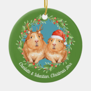 Christmas Guinea Pigs Santa and Reindeer Wreath Ceramic Ornament