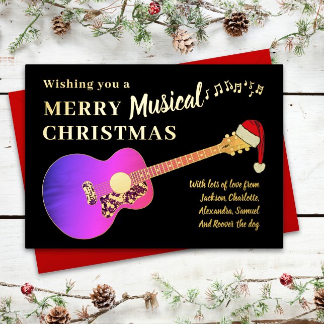 Christmas Guitar Personalized Pink Gold Foil Holiday Card (Christmas pink girly guitar wearing a santa hat personalized black & gold foil holiday greeting card)