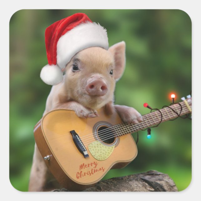 Christmas guitar pig square sticker (Front)