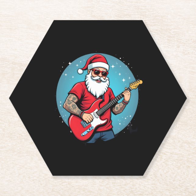 Christmas guitarist  Rockmusic Christmas (1) Paper Coaster (Front)