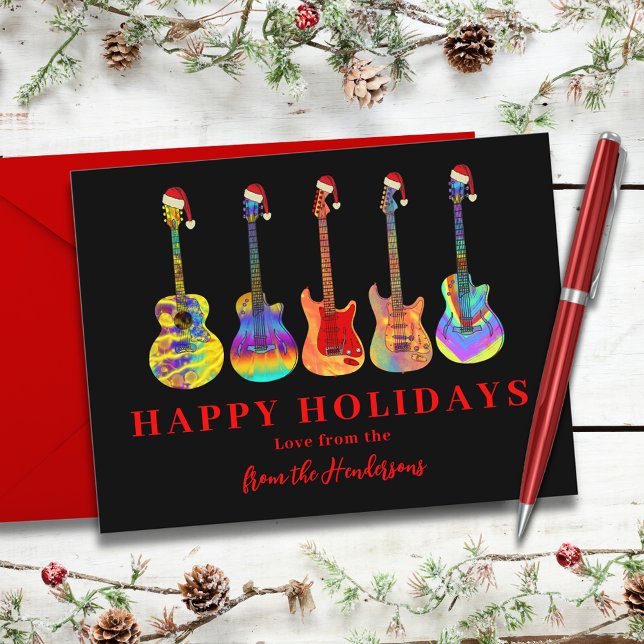 Christmas Guitars Personalized  Holiday Card (Cool guitar colorful happy holidays greetings card black and red typography )