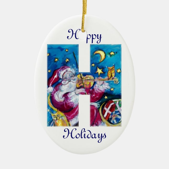 CHRISTMAS H LETTER / INSPIRED SANTA MONOGRAM CERAMIC ORNAMENT (Front)