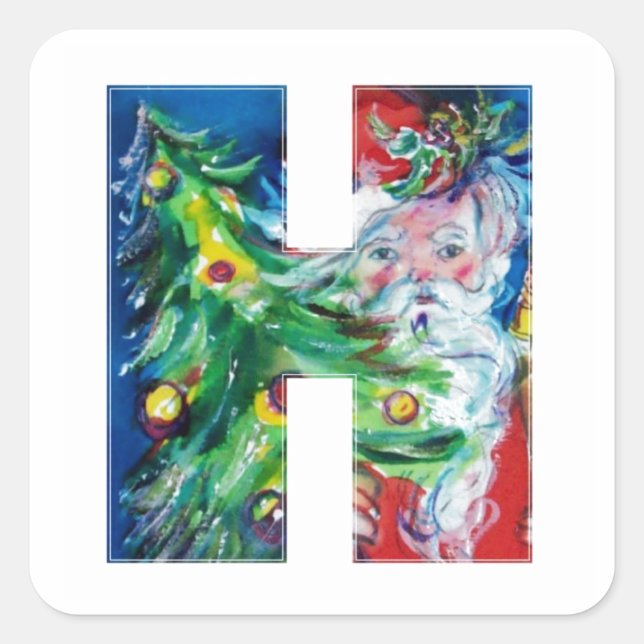 CHRISTMAS H LETTER / SANTA WITH CHRISTMAS TREE SQUARE STICKER (Front)
