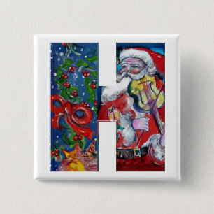 CHRISTMAS H LETTER / SANTA WITH VIOLIN MONOGRAM 2 INCH SQUARE BUTTON