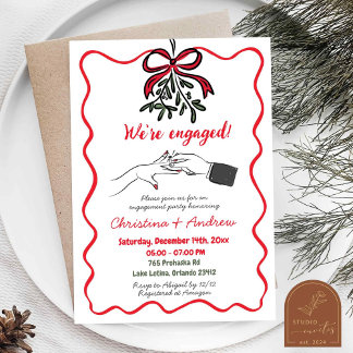 Christmas Hand Drawn Red Bow We're Engaged Party Invitation