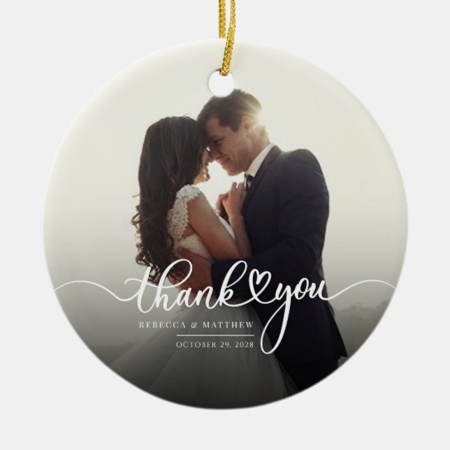 Christmas Hand-Lettered Wedding Photo Thank You  Ceramic Ornament (Front)