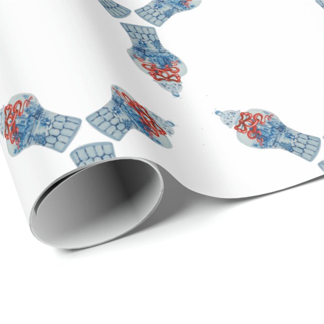 Christmas Hand Painted Blue and White Ginger Jar Wrapping Paper (Roll Corner)