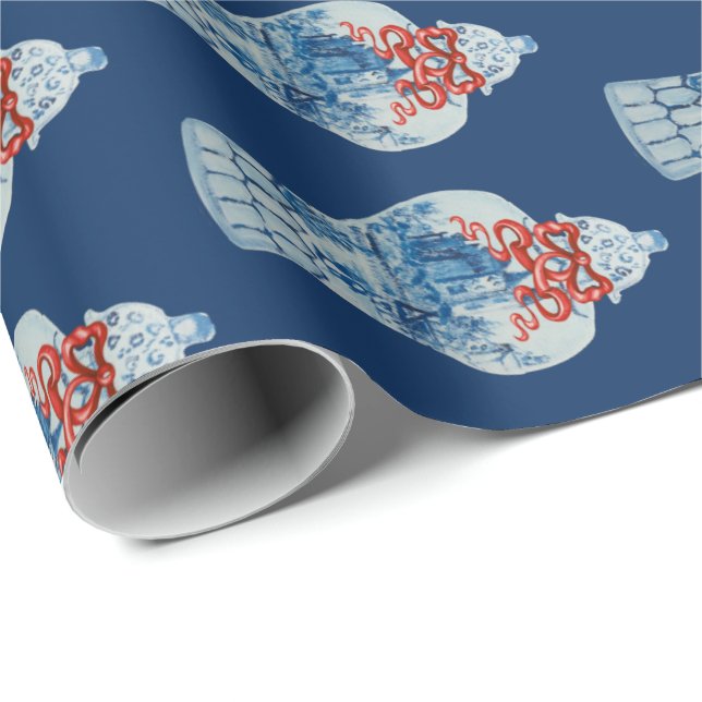 Christmas Hand Painted Blue and White Ginger Jar Wrapping Paper (Roll Corner)