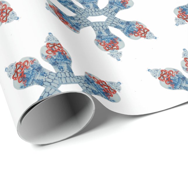 Christmas Hand Painted Blue and White Ginger Jar Wrapping Paper (Roll Corner)