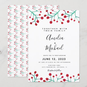 Christmas Hand Watercolor Berry Botanical Wedding Invitation