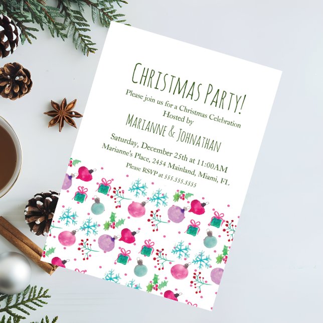 Christmas Hand Watercolored Holiday Ornaments Invitation (Creator Uploaded)