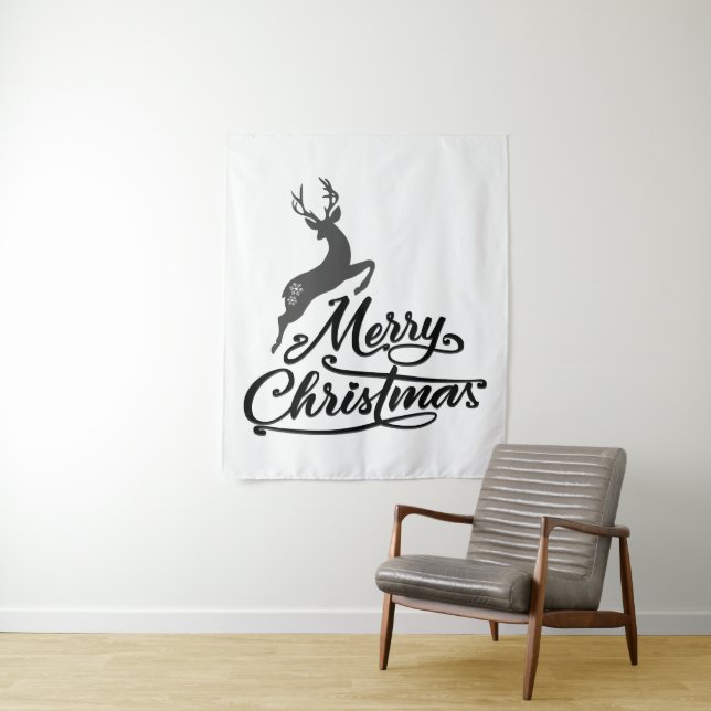 Christmas Hand Written, Jumping Deer And Snowflake Tapestry (In Situ)