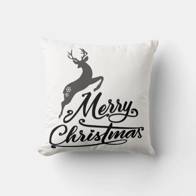 Christmas Hand Written, Jumping Deer And Snowflake Throw Pillow (Front)