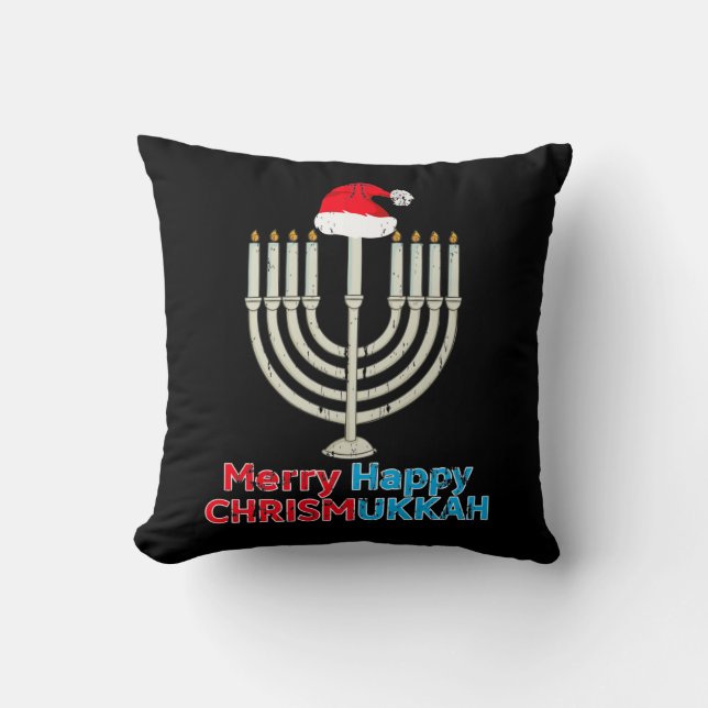 Christmas Hanukkah Jewish Menorah Santa Xmas Throw Pillow (Front)