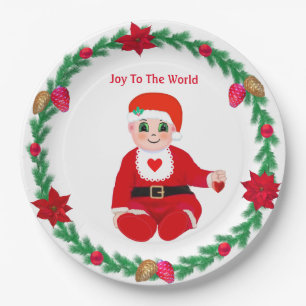 Christmas happy baby, heart & pine wreath paper plate