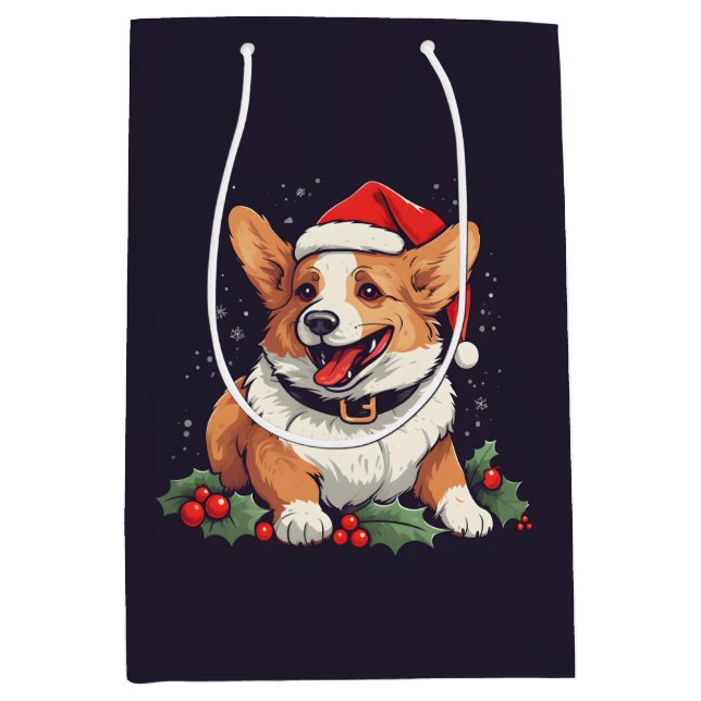 Christmas Happy Corgi in Santa hat with holly Medium Gift Bag (Front)