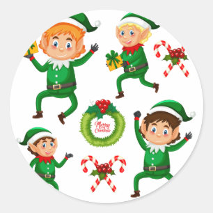 Christmas Happy Elf with Gift Pattern Classic Round Sticker