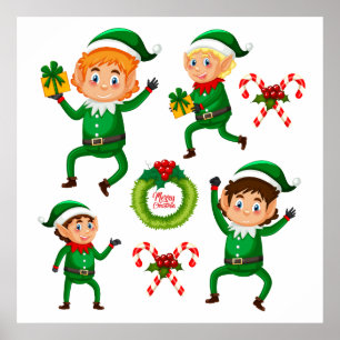 Christmas Happy Elf with Gift Pattern Poster