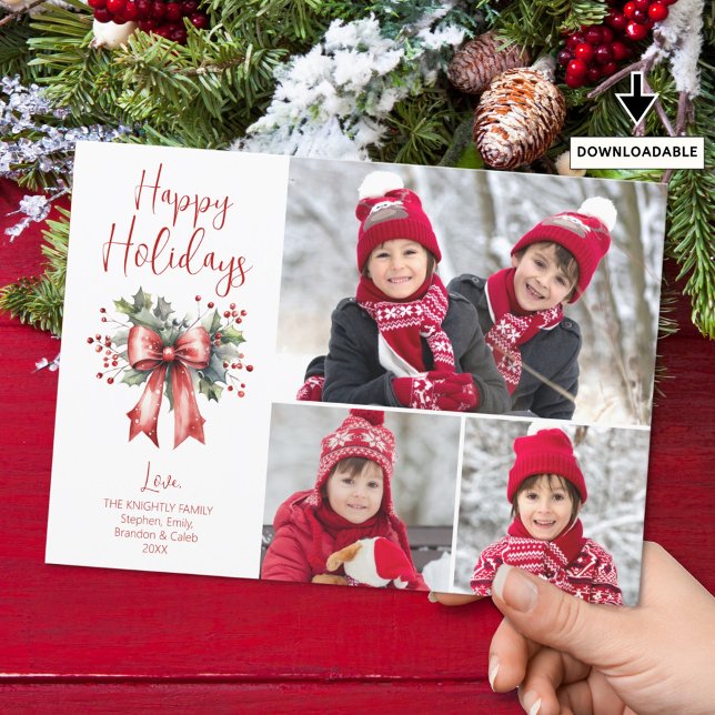 Christmas HAPPY HOLIDAYS 3 Photos Red Bow Script Holiday Card (Creator Uploaded)