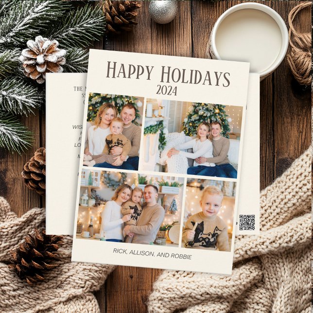 Christmas Happy Holidays 4 Photo Collage  Postcard (4-photo cream-colored Christmas photo greeting postcard)