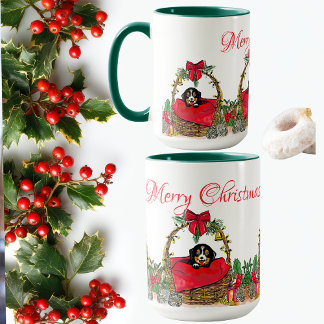 Christmas Happy Holidays, Cute Puppy in a Basket  Mug