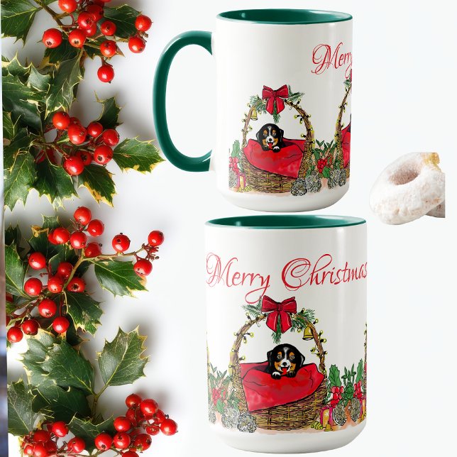 Christmas Happy Holidays, Cute Puppy in a Basket  Mug (Creator Uploaded)