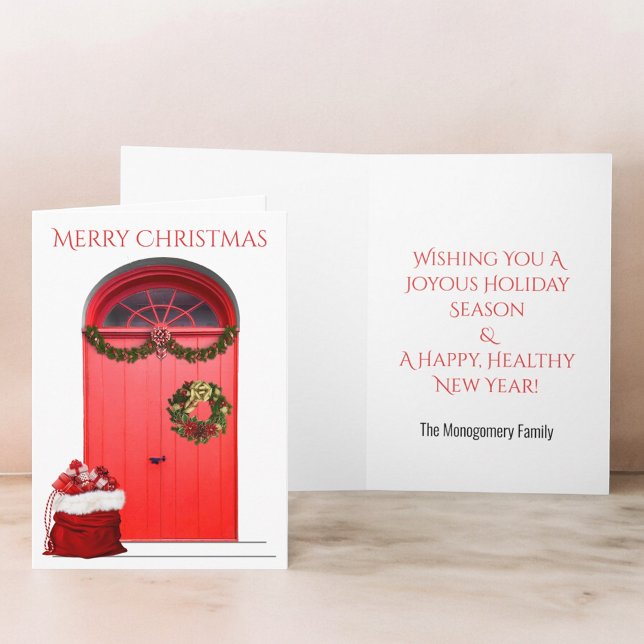 Christmas Happy Holidays Decorations Red Doors Holiday Card (cover and inside templates red door santa bag Christmas card )