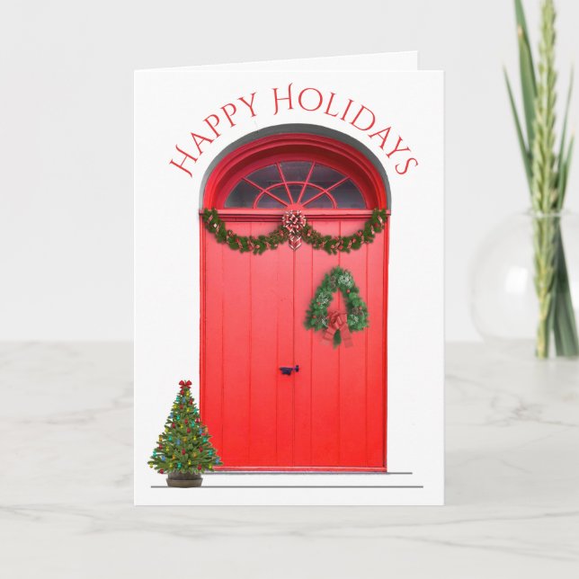 Christmas Happy Holidays Decorations Red Doors Holiday Card (Front)