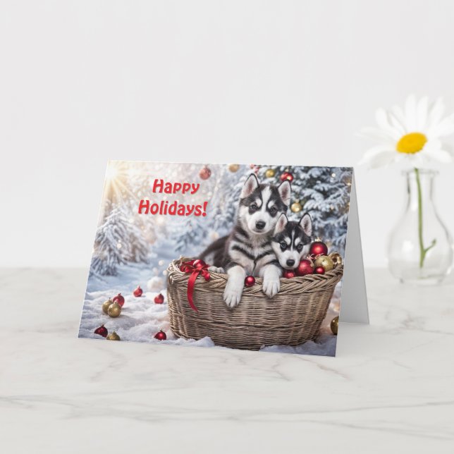 Christmas Happy Holidays Husky Huskies Dogs Cute Card (Small Plant)