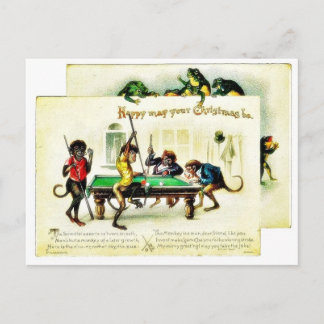 Christmas has monkeys playing golf, frog watching holiday postcard