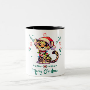 Christmas Hat Christmas Light Chain Cheetah Two-Tone Coffee Mug