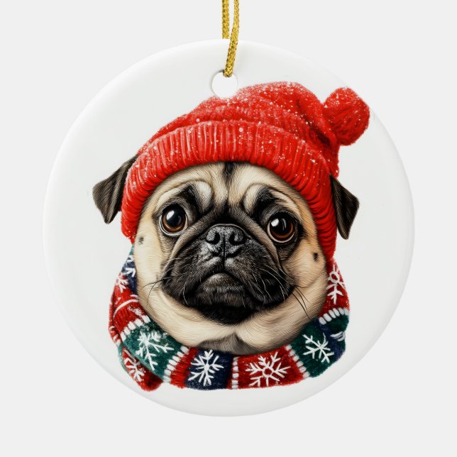 Christmas hat cute pug ceramic ornament (Front)