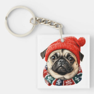 Christmas hat cute pug keychain