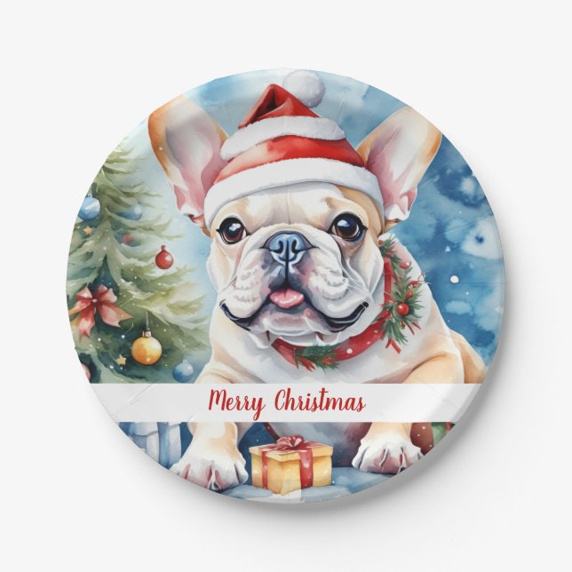 Christmas Hat Festive French Bulldog  Paper Plates (Front)