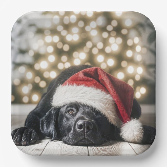 Christmas Hat On a Black Labrador Retriever Paper Plate (Front)