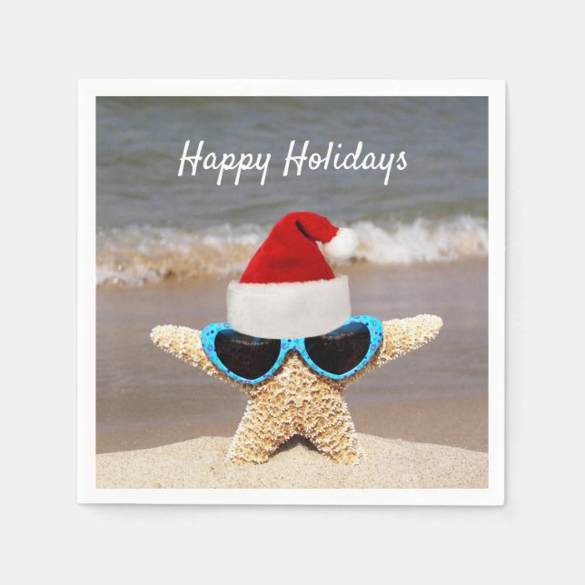 Christmas hat on tropical starfish on beach napkin (Front)