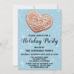 Christmas Heart Cookie Holiday Party Blue Snow Invitation