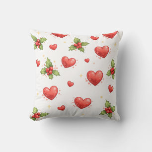 Christmas Hearts and Holly Leaves Throw Pillow