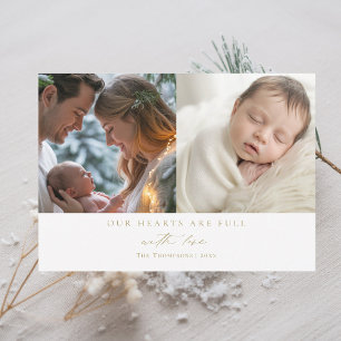 Christmas Hearts Minimal Gold Family Baby 2 Photos Holiday Card