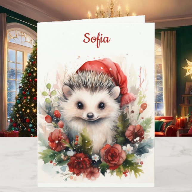 Christmas Hedgehog Personalize Name & Greeting Holiday Card (Creator Uploaded)