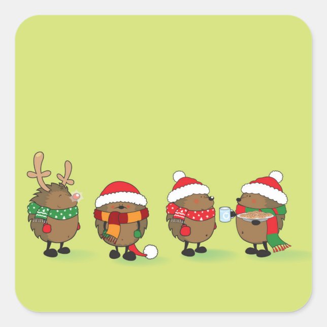 Christmas hedgehogs square sticker (Front)