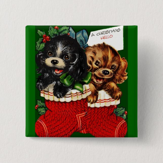 Christmas Hello Puppies 2 Inch Square Button (Front)