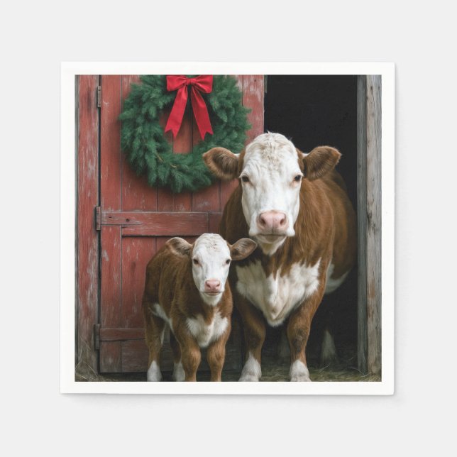 Christmas Hereford Cow and Calf Napkin (Front)